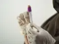 Ręce w rękawiczkach trzymają probówkę z fioletową zakrętką.