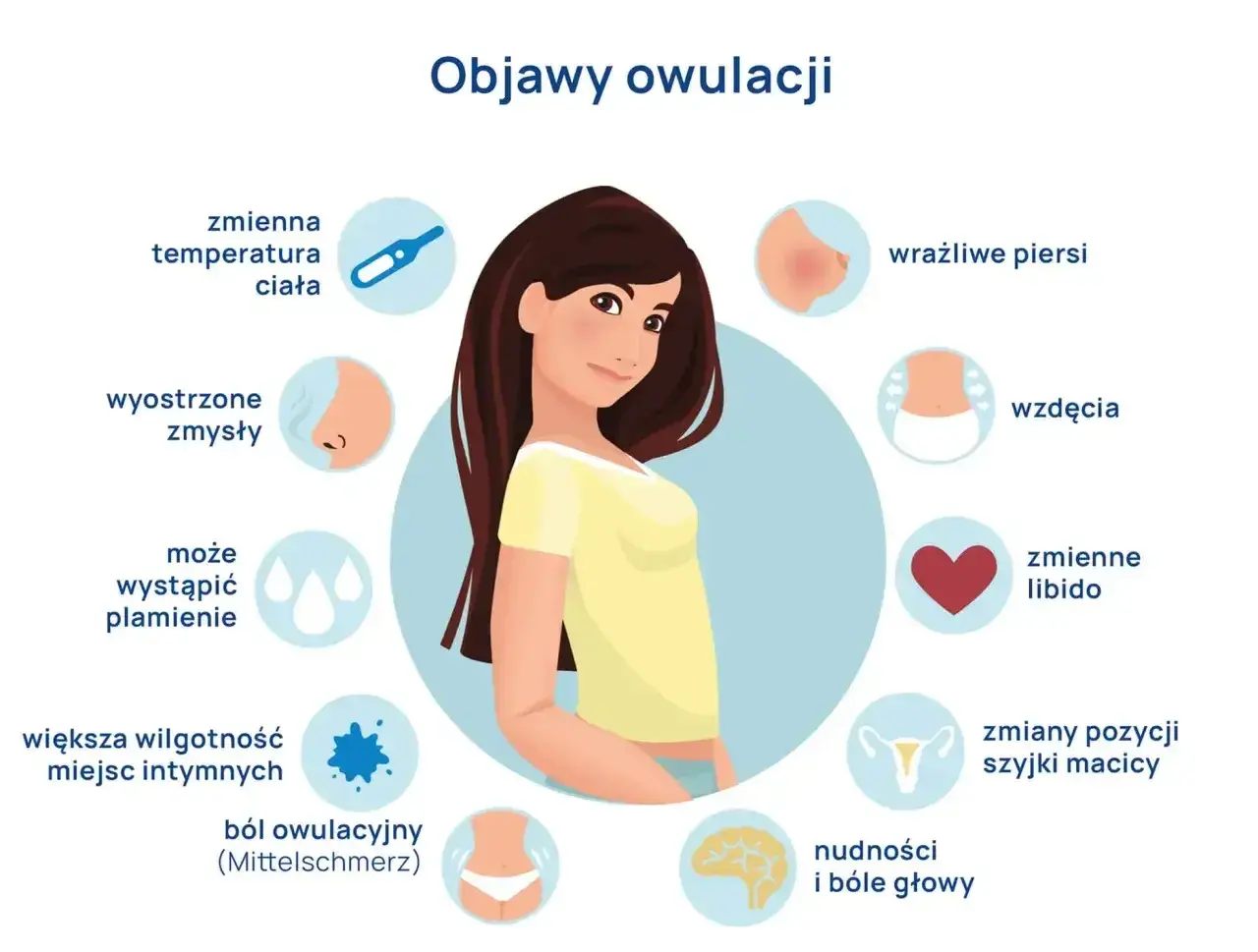 Ilustracja przedstawia objawy owulacji: zmienną temperaturę, wyostrzone zmysły, plamienie, wilgotność, ból, wrażliwe piersi, wzdęcia, zmienne libido, zmiany szyjki macicy, nudności i bóle głowy.