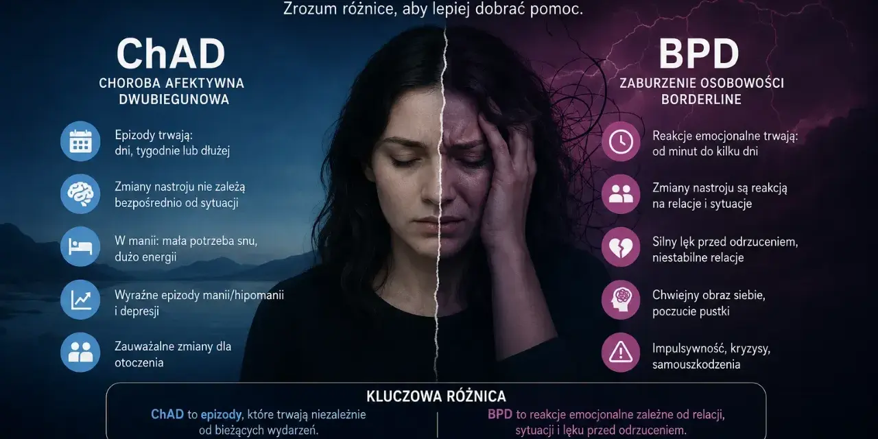 ChAD vs BPD: porównanie objawów. ChAD to epizody trwające niezależnie od sytuacji, BPD to reakcje emocjonalne zależne od relacji i lęku przed odrzuceniem.
