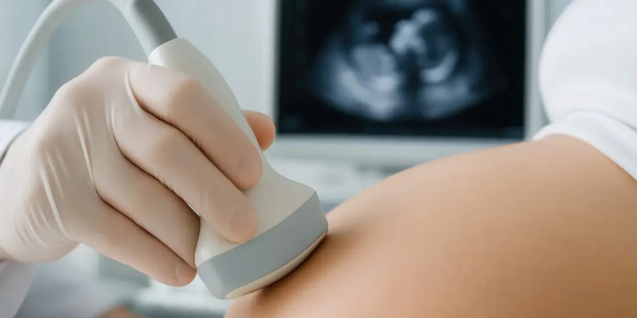 Dłoń w rękawiczce trzyma sondę USG na brzuchu kobiety, na ekranie widoczny obraz płodu.