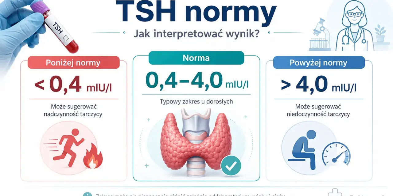 Grafika przedstawia normy TSH: poniżej, w normie i powyżej, z ikonami symbolizującymi nadczynność i niedoczynność tarczycy.