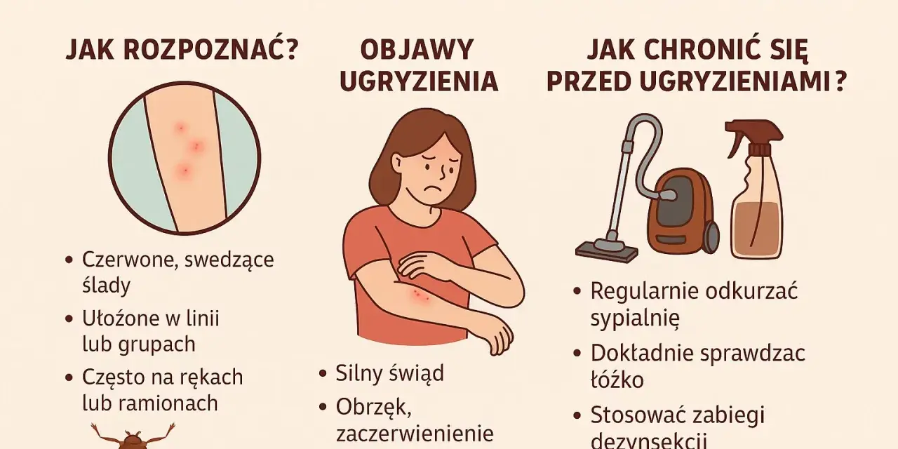 Ilustracja przedstawia ugryzienia pluskiew na skórze, kobietę drapiącą się po ręce, odkurzacz i środek dezynfekujący.