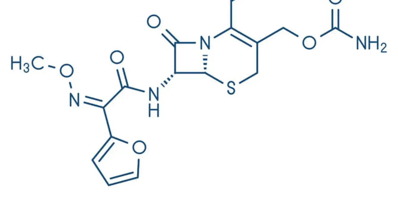 Struktura chemiczna cefuroksymu, antybiotyku z grupy cefalosporyn, znanego też jako Zinnat.