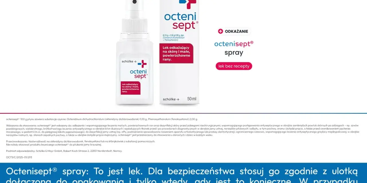 Butelka sprayu z płynem dezynfekującym Octenisept na białe tło.