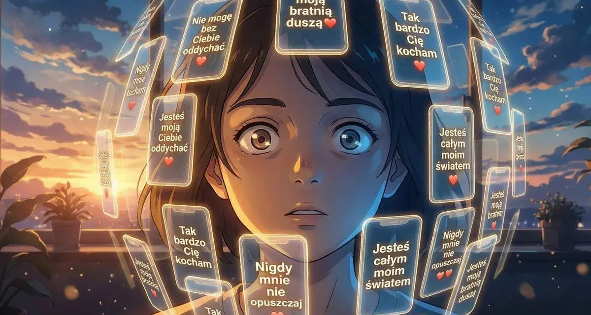 Dziewczyna otoczona ekranami telefonów z wyznaniami miłości. Czy to czuły gest, czy już **love bombing**?