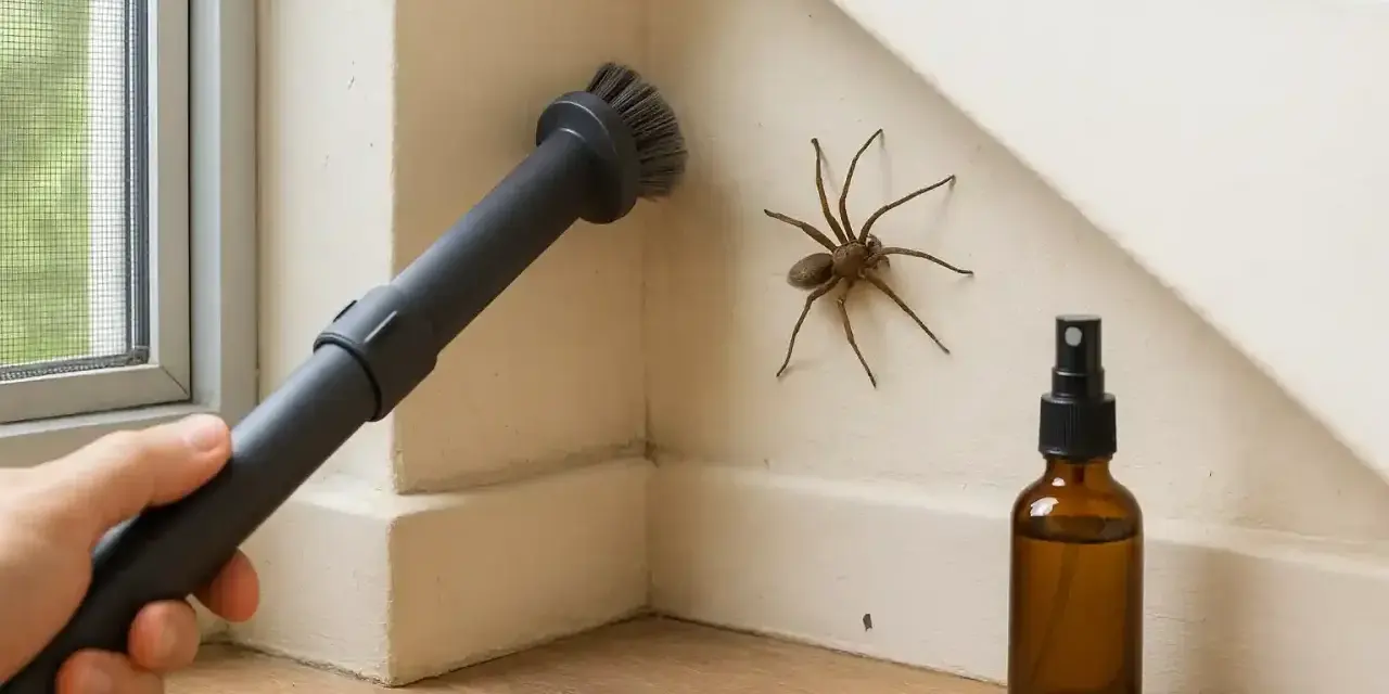 Pająk kątnik na ścianie, obok buteleczka ze sprayem i końcówka odkurzacza.
