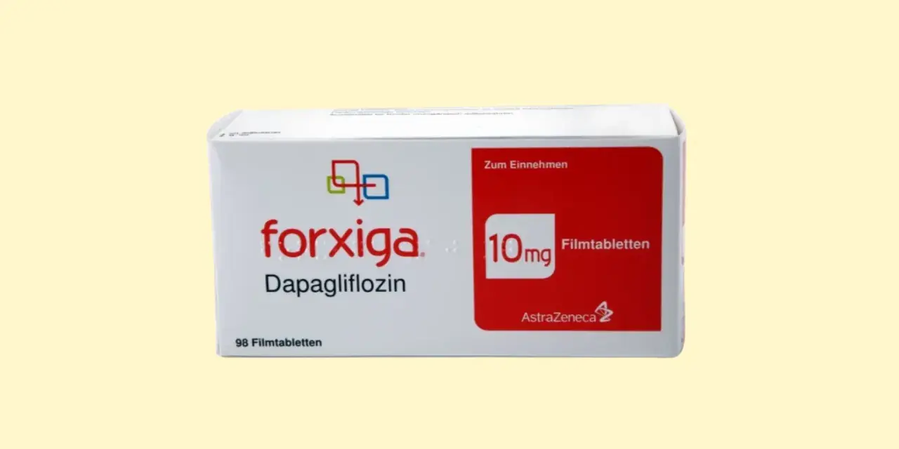 Opakowanie leku Forxiga 10mg z dapaglifloziną, 98 tabletek.