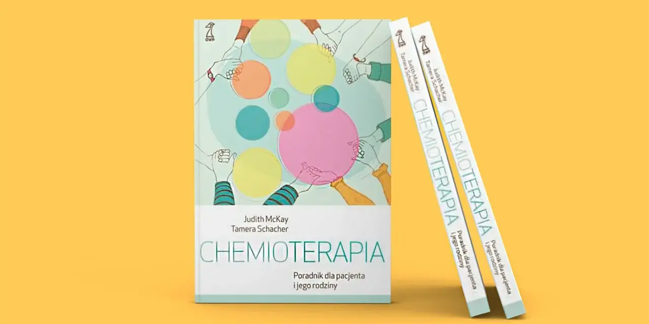Okładka książki "Chemioterapia" z ilustracją dłoni i kolorowych kół.