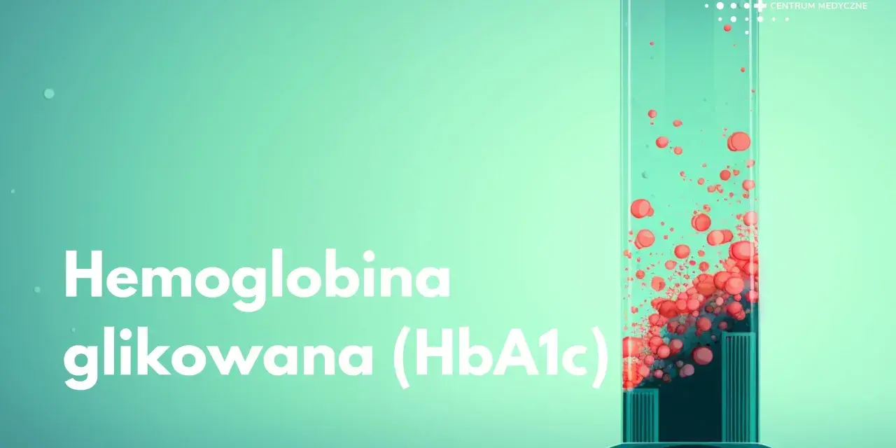 Szklana probówka z czerwonymi kropelkami i napisem "Hemoglobina glikowana (HbA1c)".