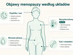 Ilustracja przedstawia objawy menopauzy: psychika i sen, naczynioruchowe, moczowo-płciowe, kości i metabolizm.