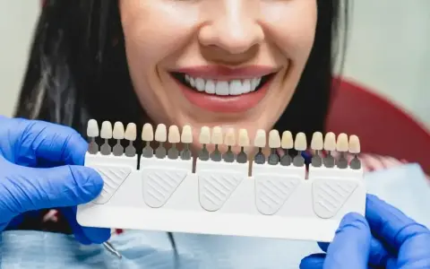 Uśmiechnięta kobieta z paletą odcieni zębów w rękach dentysty w niebieskich rękawiczkach.