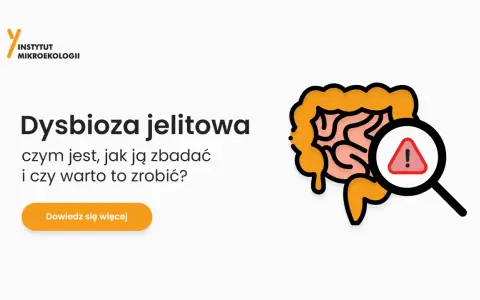 Grafika przedstawia jelita pod lupą z symbolem ostrzeżenia, sugerując problem dysbiozy jelitowej.