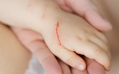 Dziecko ma zadrapanie na ręce, które może być objawem choroby kociego pazura.