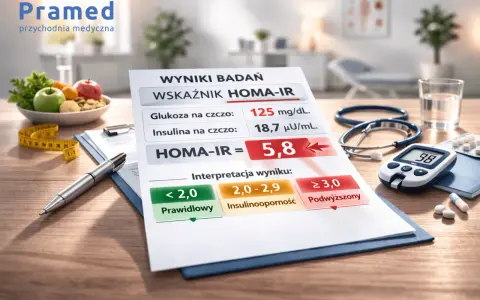 Wyniki badań HOMA-IR wskazują na podwyższony poziom insuliny na czczo, co może świadczyć o insulinooporności.