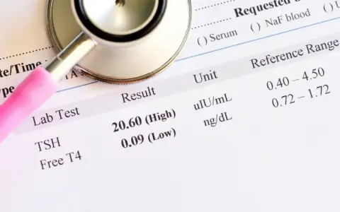 Stetoskop na wynikach badań laboratoryjnych TSH i Free T4, z zaznaczonymi wynikami wysokim i niskim.