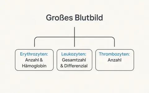 Schemat "Großes Blutbild" z podziałem na erytrocyty, leukocyty i trombocyty.