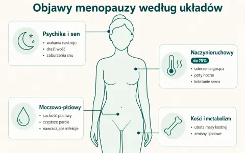 Ilustracja przedstawia objawy menopauzy: psychika i sen, naczynioruchowe, moczowo-płciowe, kości i metabolizm.