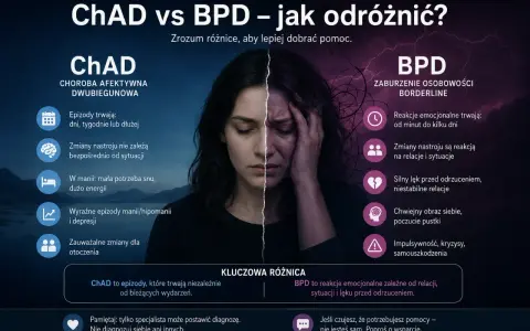 ChAD vs BPD: porównanie objawów. ChAD to epizody trwające niezależnie od sytuacji, BPD to reakcje emocjonalne zależne od relacji i lęku przed odrzuceniem.
