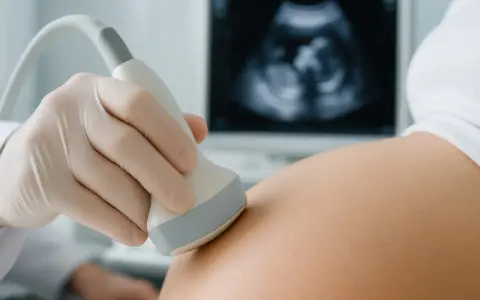 Dłoń w rękawiczce trzyma sondę USG na brzuchu kobiety, na ekranie widoczny obraz płodu.