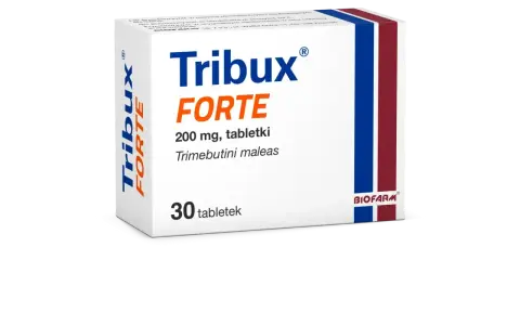 Opakowanie leku Tribux Forte 200 mg, zawierające 30 tabletek z trimebutyny maleinianem. Pomocne w problemach z ircolon.