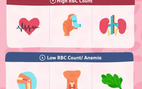 Grafika przedstawia ikony serca z EKG, inhalatora, nerek (wysoki poziom erytrocytów) oraz stawu kolanowego, tarczycy i liścia szpinaku (niski poziom erytrocytów/anemia).