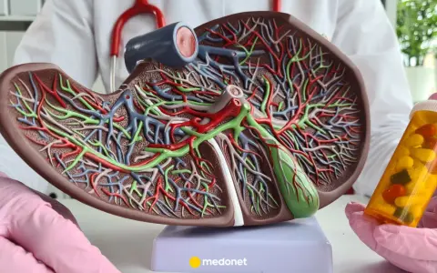 Model wątroby z naczyniami krwionośnymi i butelka leków.