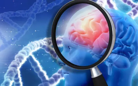 Badanie mózgu pod lupą, szukając przyczyn katatonii. W tle struktury DNA.