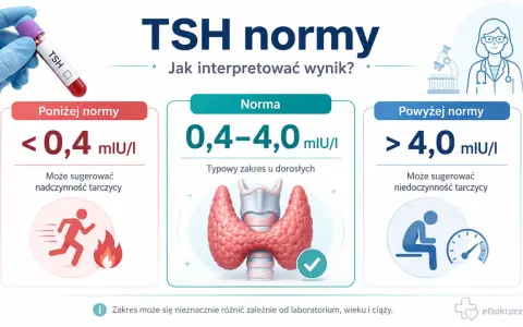 Grafika przedstawia normy TSH: poniżej, w normie i powyżej, z ikonami symbolizującymi nadczynność i niedoczynność tarczycy.