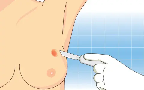 Ilustracja przedstawia biopsję piersi, gdzie skalpel zbliża się do zmiany na skórze.