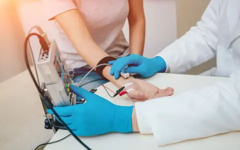 Badanie EMG, czyli elektromiografia, to badanie oceniające funkcję nerwów i mięśni. Lekarz z niebieskimi rękawiczkami podłącza elektrody do ręki pacjentki.