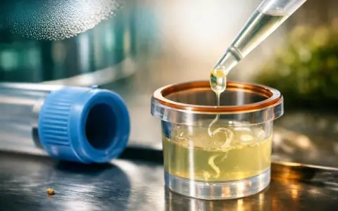 Kropla płynu z pipety wpada do naczynia laboratoryjnego z żółtym płynem.