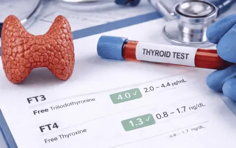 Model tarczycy, probówka z krwią "THYROID TEST" i wyniki badań FT3, FT4.