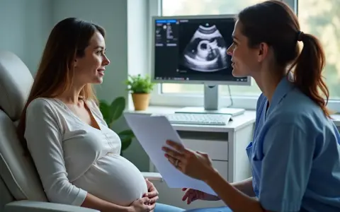 Ciężarna kobieta rozmawia z lekarką przy monitorze z badaniem USG płodu.