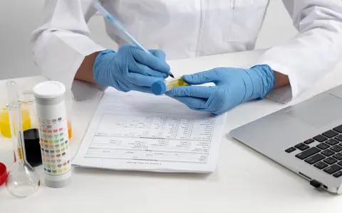 Laborant w rękawiczkach analizuje próbkę moczu, obok wyniki badań i laptop.