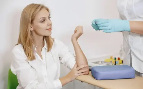 Pacjentka czeka na pobranie krwi. Czy przed badaniem krwi można pić wodę? Pielęgniarka w rękawiczkach przygotowuje probówkę.