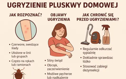 Ilustracja przedstawia ugryzienia pluskiew na skórze, kobietę drapiącą się po ręce, odkurzacz i środek dezynfekujący.