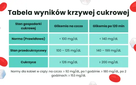 Tabela wyników krzywej cukrowej z podziałem na normę, stan przedcukrzycowy i cukrzycę, z wartościami glikemii na czczo i po 120 minutach.