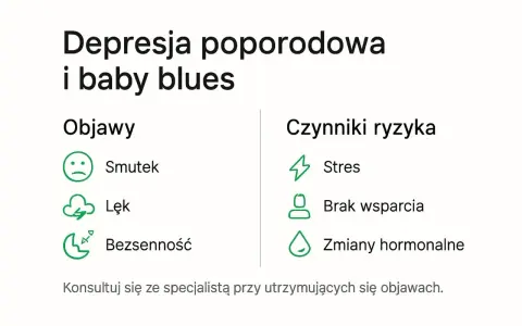 Depresja poporodowa i baby blues: objawy (smutek, lęk, bezsenność) i czynniki ryzyka (stres, brak wsparcia, zmiany hormonalne).