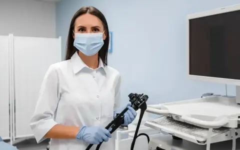 Lekarka w masce i rękawiczkach trzyma endoskop, przygotowując się do gastroskopii. Obok monitor i sprzęt medyczny.