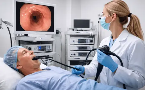 Lekarz wykonuje gastroskopię pacjentowi, obraz z endoskopu widoczny na monitorze.