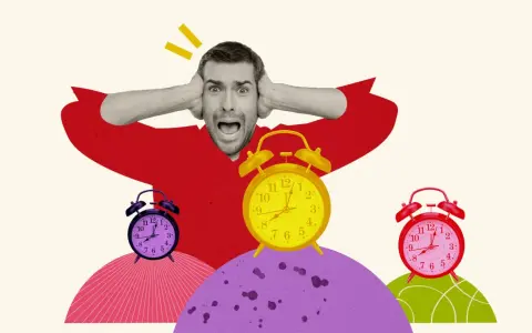 Przerażony mężczyzna z rękami na uszach, otoczony budzikami. Czy to fomo co to? Czas ucieka!