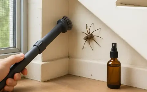 Pająk kątnik na ścianie, obok buteleczka ze sprayem i końcówka odkurzacza.