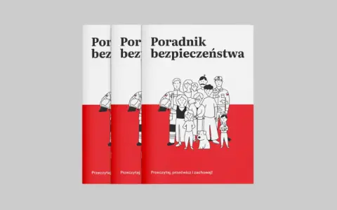 Poradnik bezpieczeństwa z rysunkami ludzi i psa. Uczy, jak udzielić pierwszej pomocy, w tym resuscytacji.