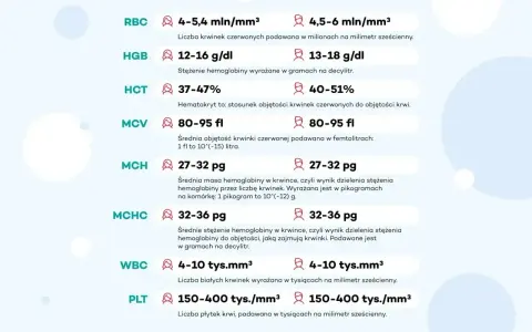 Tabela z wynikami badań krwi: RBC, HGB, HCT, MCV, MCH, MCHC (średnie stężenie hemoglobiny), WBC, PLT.
