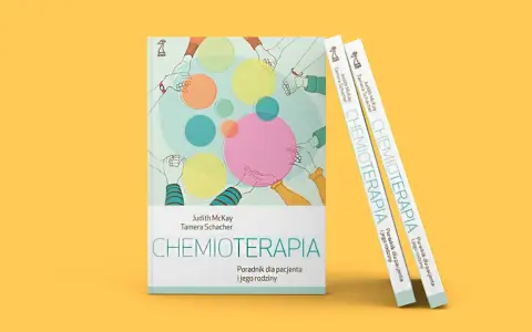 Okładka książki "Chemioterapia" z ilustracją dłoni i kolorowych kół.