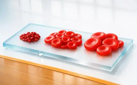 Trzy grupy czerwonych krwinek o różnej wielkości na szklanej płytce.