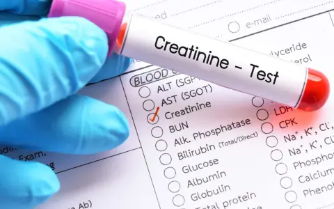 Ręka w niebieskiej rękawiczce trzyma probówkę z napisem "Creatinine - Test". Obok zaznaczono "Creatinine" na formularzu badań.