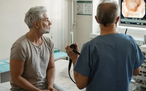 Lekarz wykonuje rektoskopię u pacjenta, obserwując obraz na monitorze.