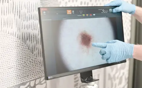 Dłoń w niebieskiej rękawiczce wskazuje na powiększone znamię na ekranie dermatoskopu.