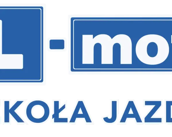 Logo szkoły jazdy "L-mot" z napisem "SZKOŁA JAZDY".